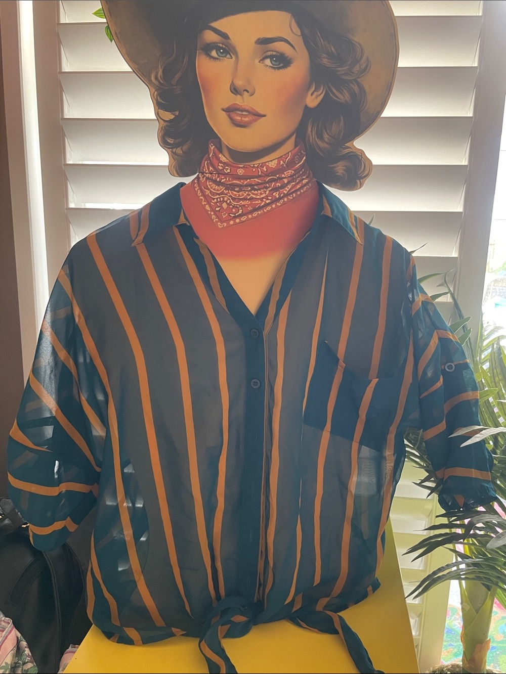 mine navy and mustard striped button-up blouse